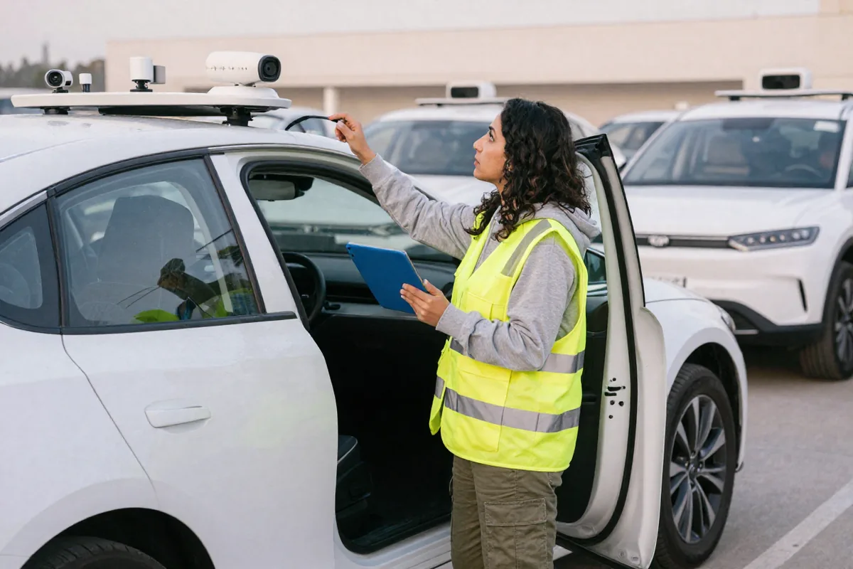 A safety operator in a high-visibility vest checks the roof sensors of a self-driving test car before a shift.
