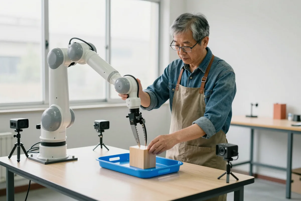 An older man in a denim shirt and apron guides a robot arm by hand toward a wooden block, with capture cameras around the table.