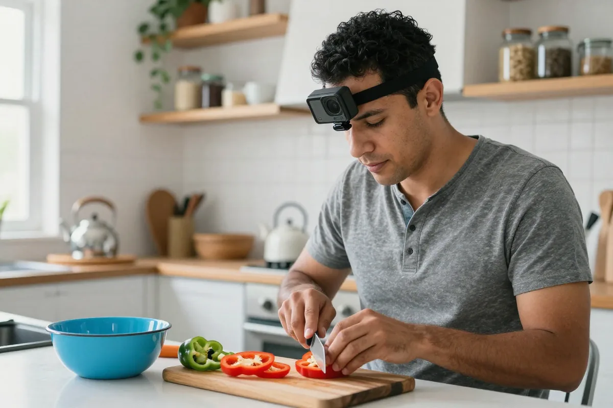 A man with a small camera strapped to his forehead slices a red pepper in his kitchen, recording his own hands.