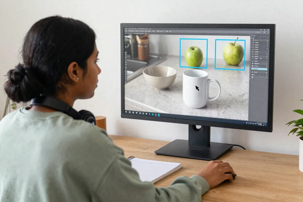 A woman at a home desk draws labeling boxes around objects in a robot camera image on her monitor.
