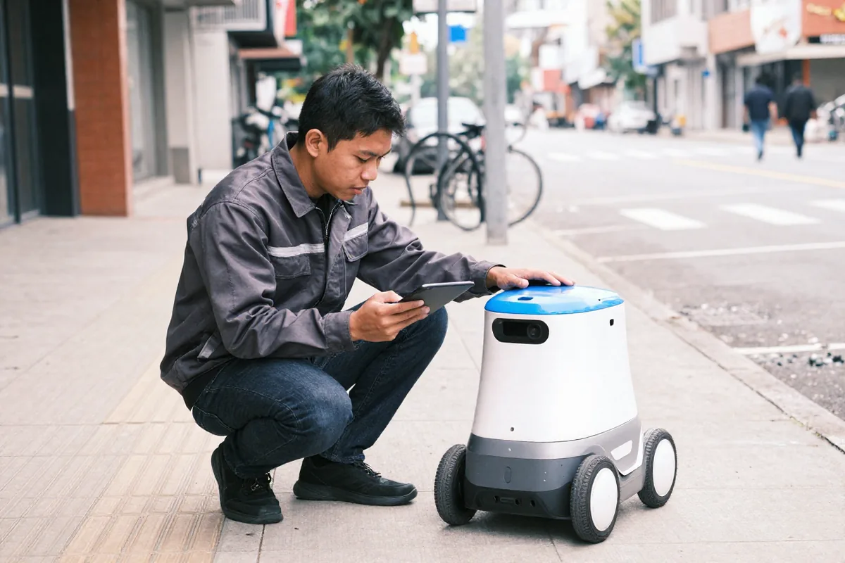 A man in a work jacket crouches on a city sidewalk, checking a delivery robot on a tablet with one hand on its lid.