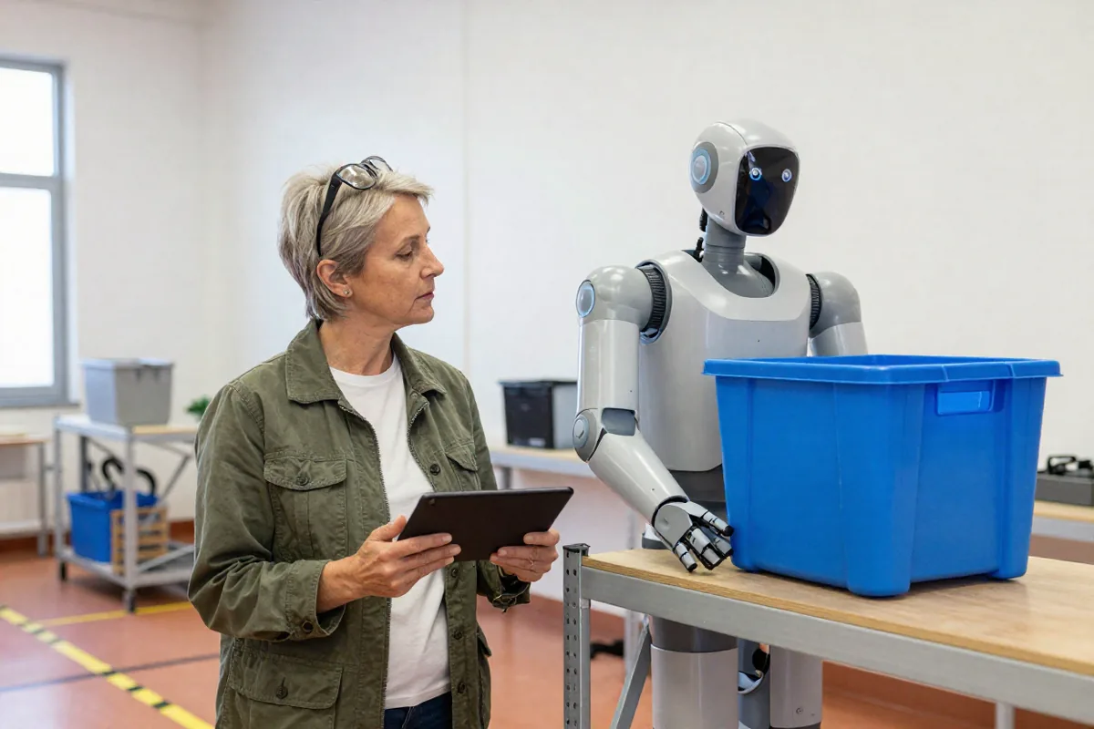 A woman holding a tablet watches a humanoid robot set a blue tote down in a robot test area.