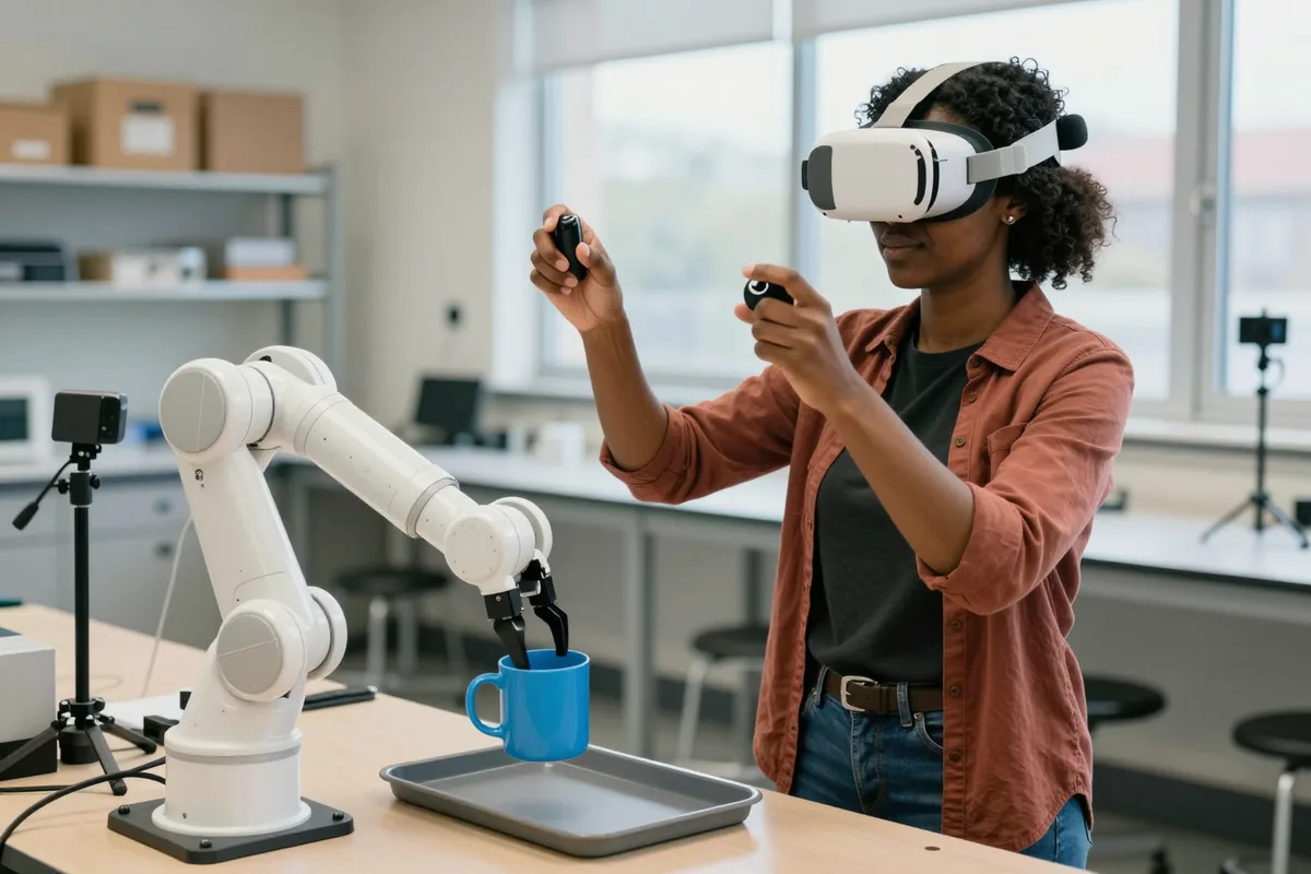 A woman in a VR headset raises two motion controllers while a robot arm on the bench lifts a blue mug into a tray.