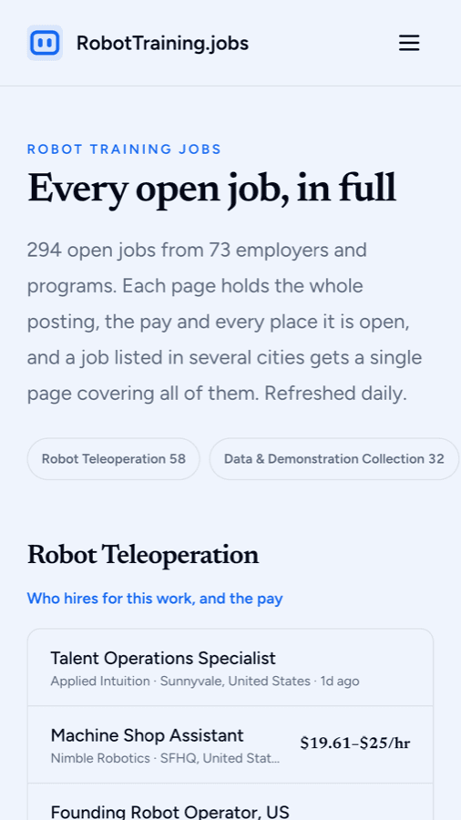 The Robot Training Jobs app on an Android phone: every open job, with the kinds of work and posted pay